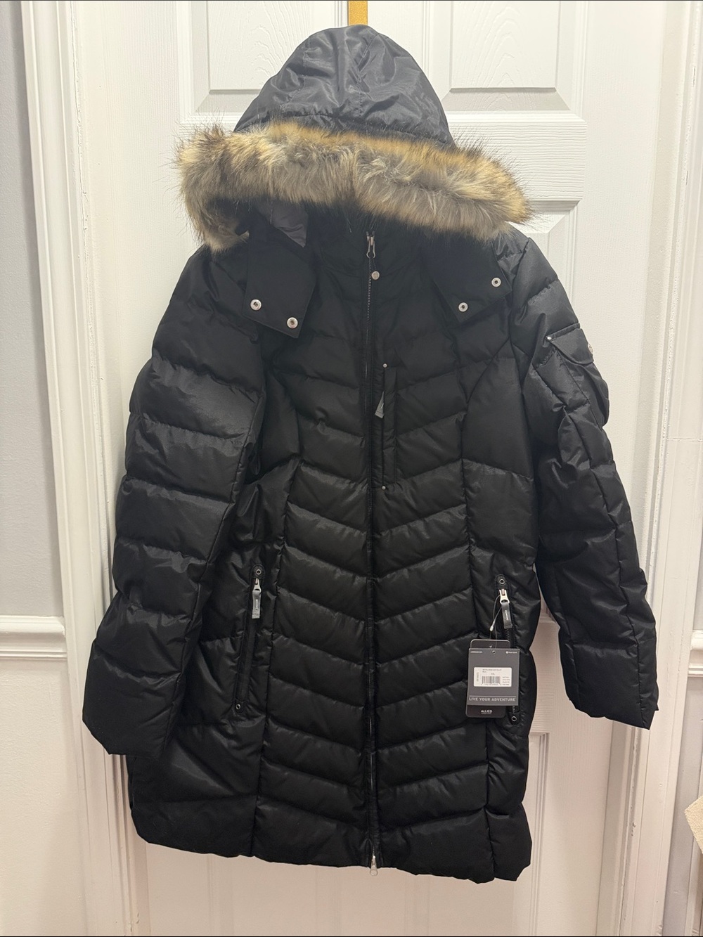 Eddie Bauer Black Quilted Long Puffer Coat with Faux Fur Hood